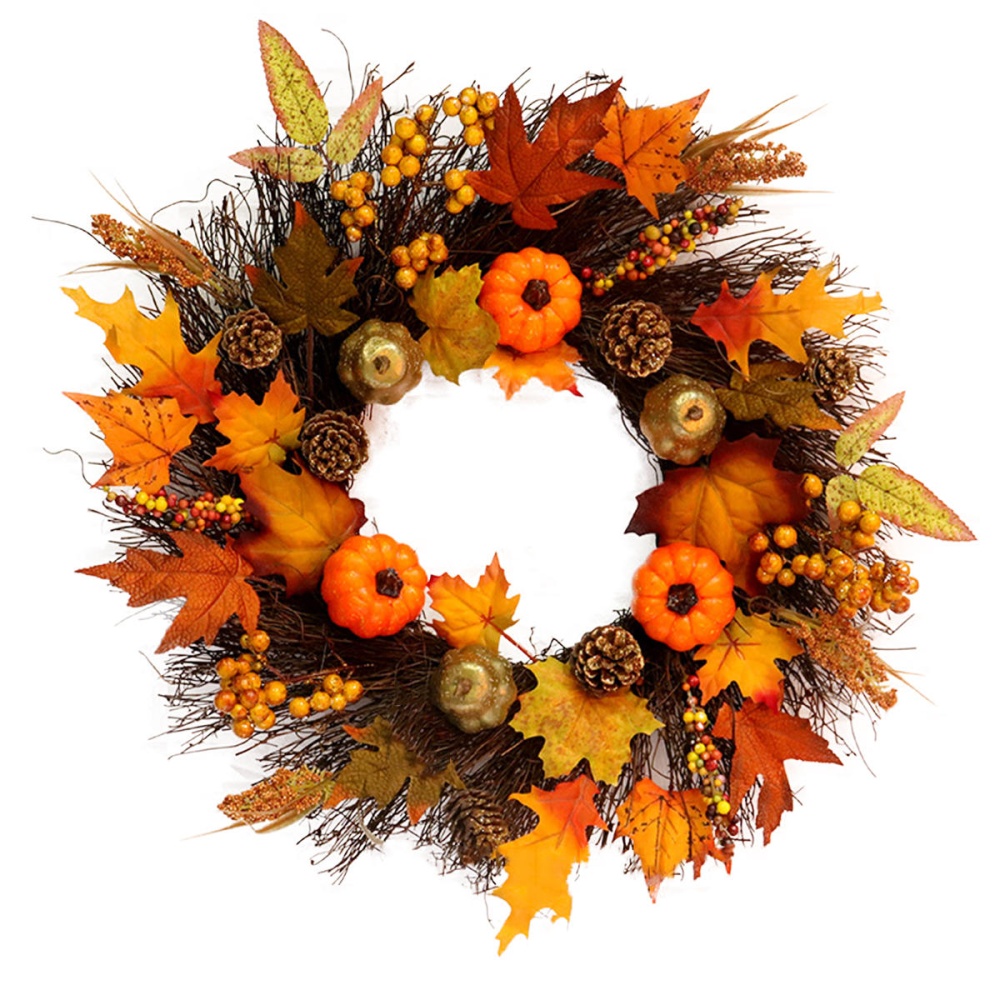 60cm  Maple Leaves Ring Pumpkin Vine Wreath Garland Door Hanging  Wreath Decorations - Image 2