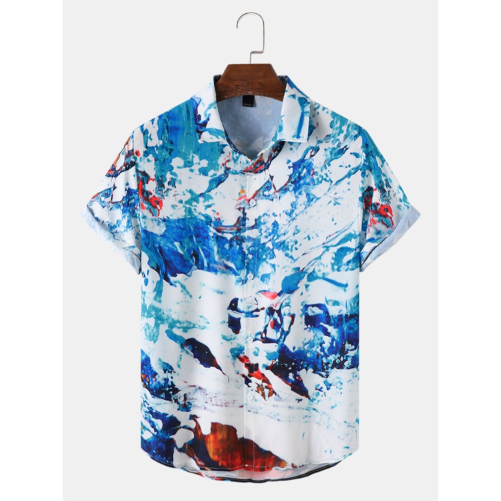 Mens Fashion Landscape Print Short Sleeve Casual Shirts - Blue M