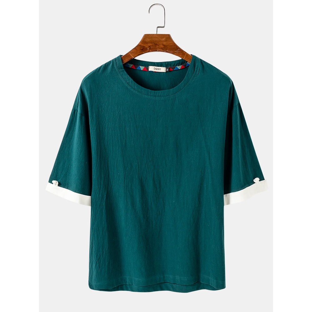 Cotton Mens Solid Color Short Sleeve Simple Casual Crew Neck T-Shirts - Navy M