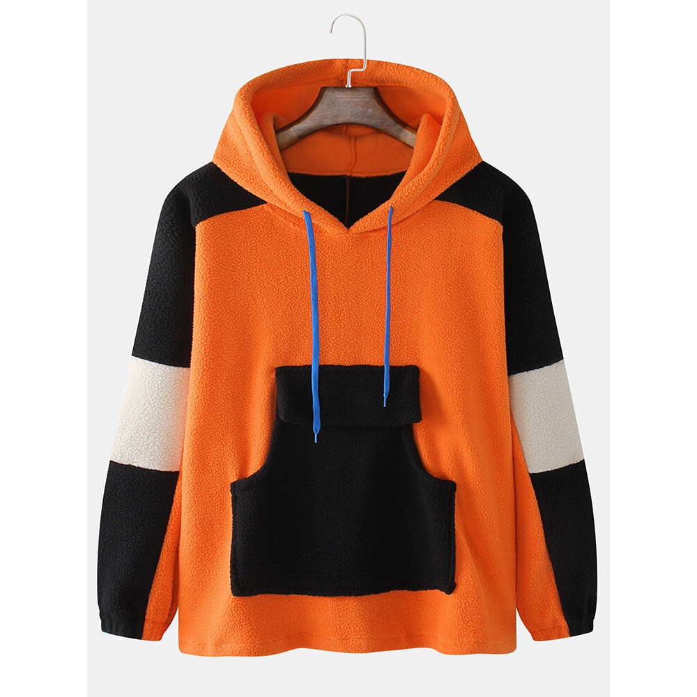 Mens Contrasting Colors Patchwork Lambswool Pocket Raglan Sleeves Hoodies - Black M