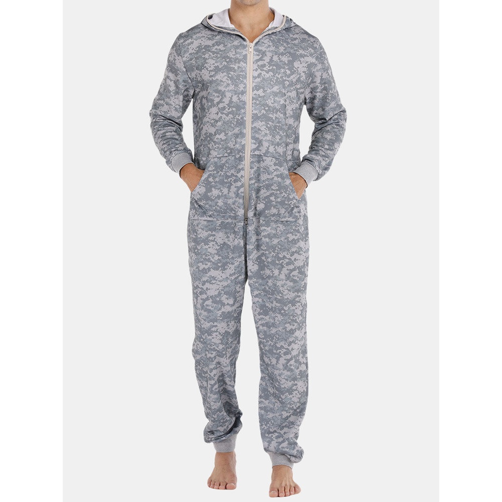 Men Gray Camo Loungewear Jumpsuit Thicken Thermal Loose Zip Down Hooded Home Pajamas With Pockets - M Gray