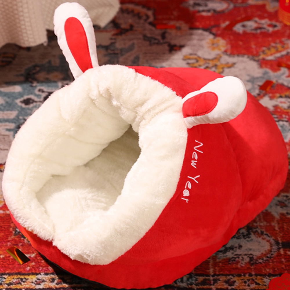 Winter Warm Plush Cozy Nest Slippers Shape Thickened Sleeping Cushion Mat For Small Medium Cats Dogs red rabbit M [50 x 35 30cm]