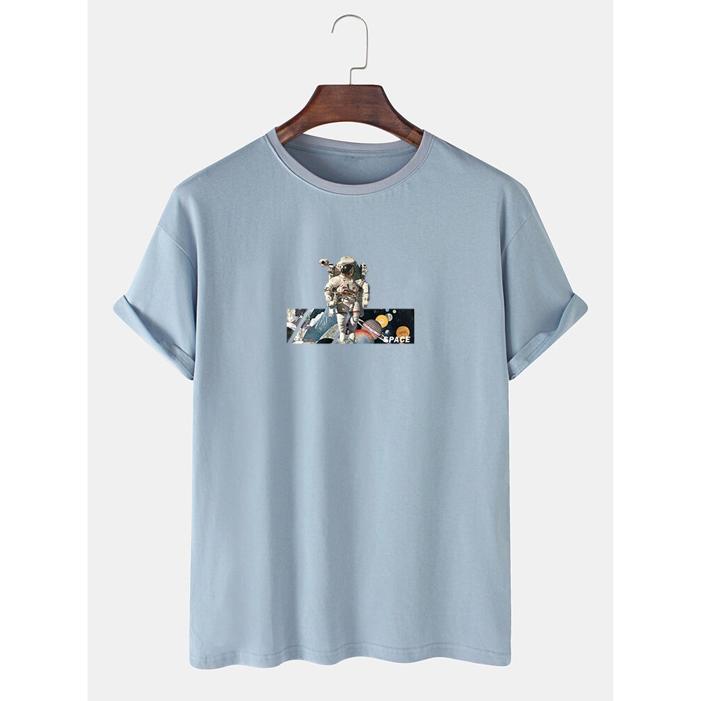 Mens Space Astronaut Graphic 100% Cotton Loose Short Sleeve T-Shirts - Black S