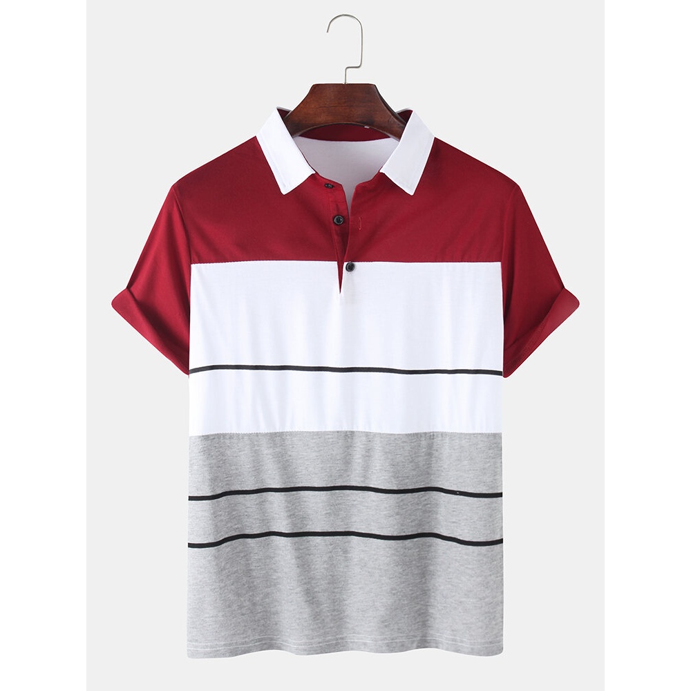 Mens Color Block Short Sleeve Casual Sport Golf Shirts - Red L