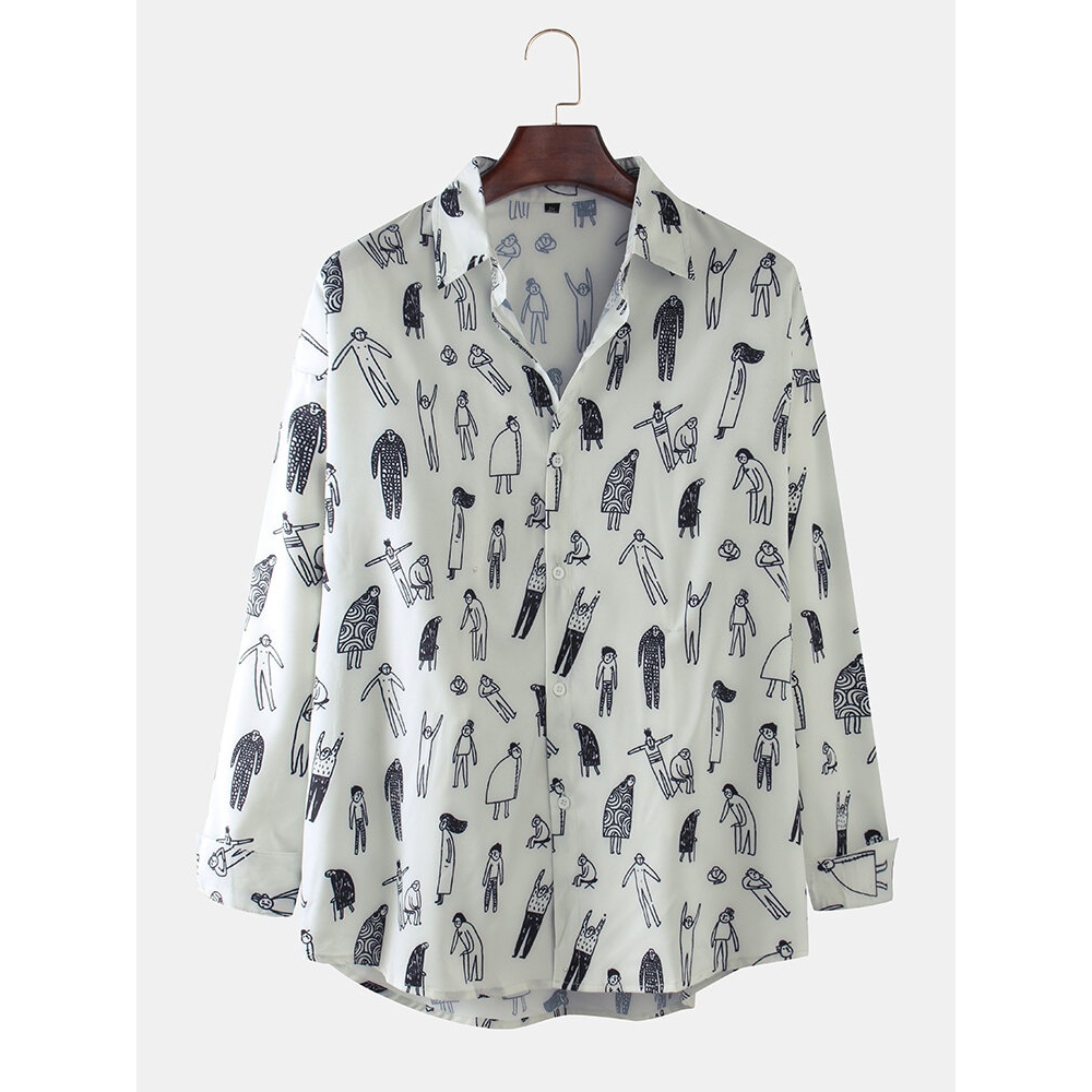 Cartoon Characters Print Long Sleeve Casual Shirts - White L