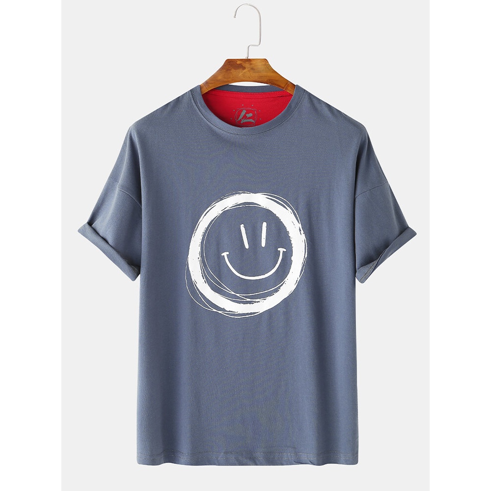 Men Graffiti Smile Crew Neck Short Sleeve Casual T-Shirts - White S