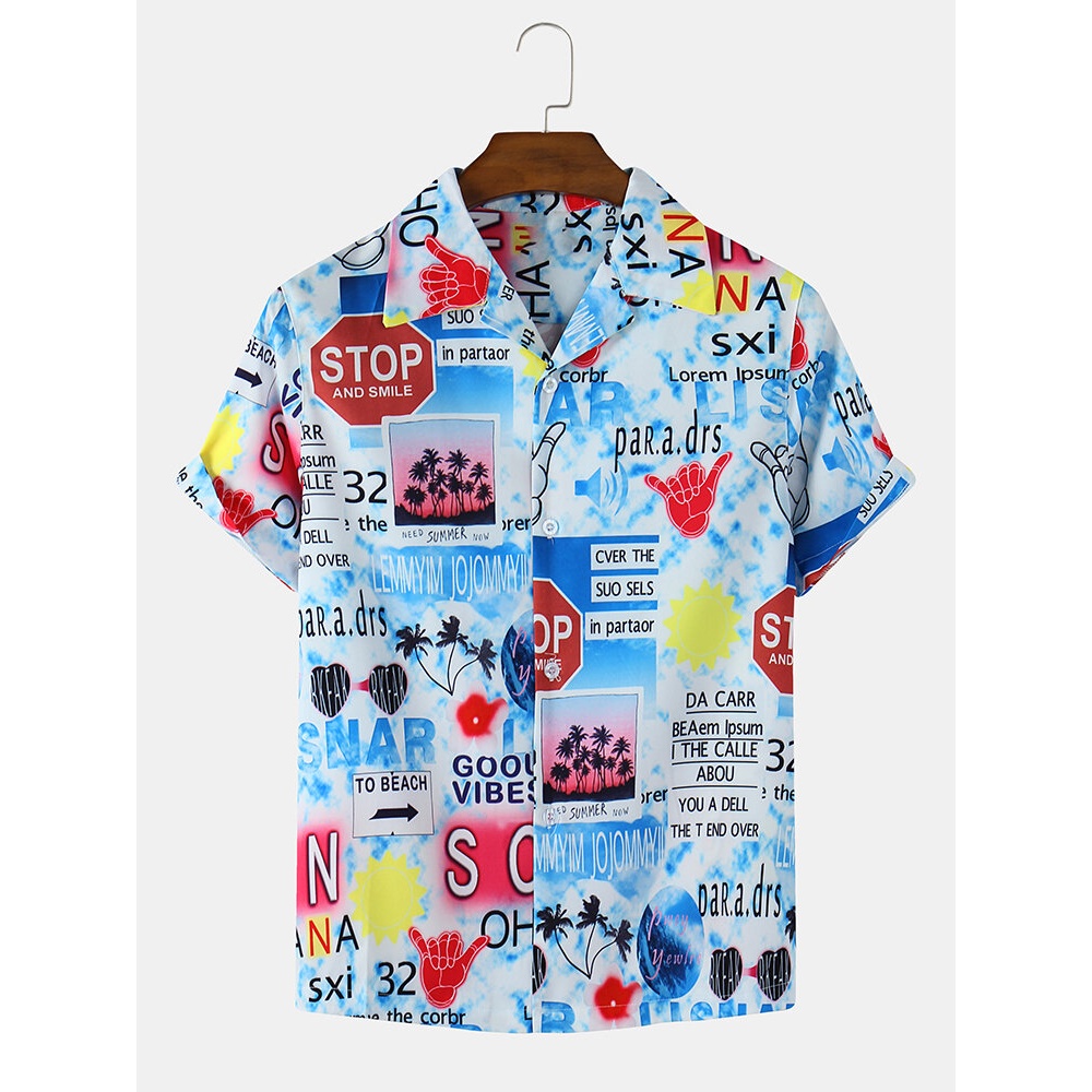 Mens Colorful Print Short Sleeve Casual Shirts - Blue S