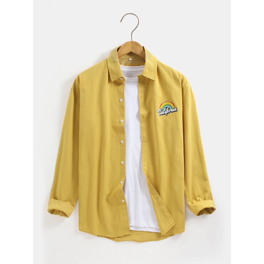 Mens Rainbow Print Button Up Lapel Long Sleeve Simple Shirts - Khaki XL