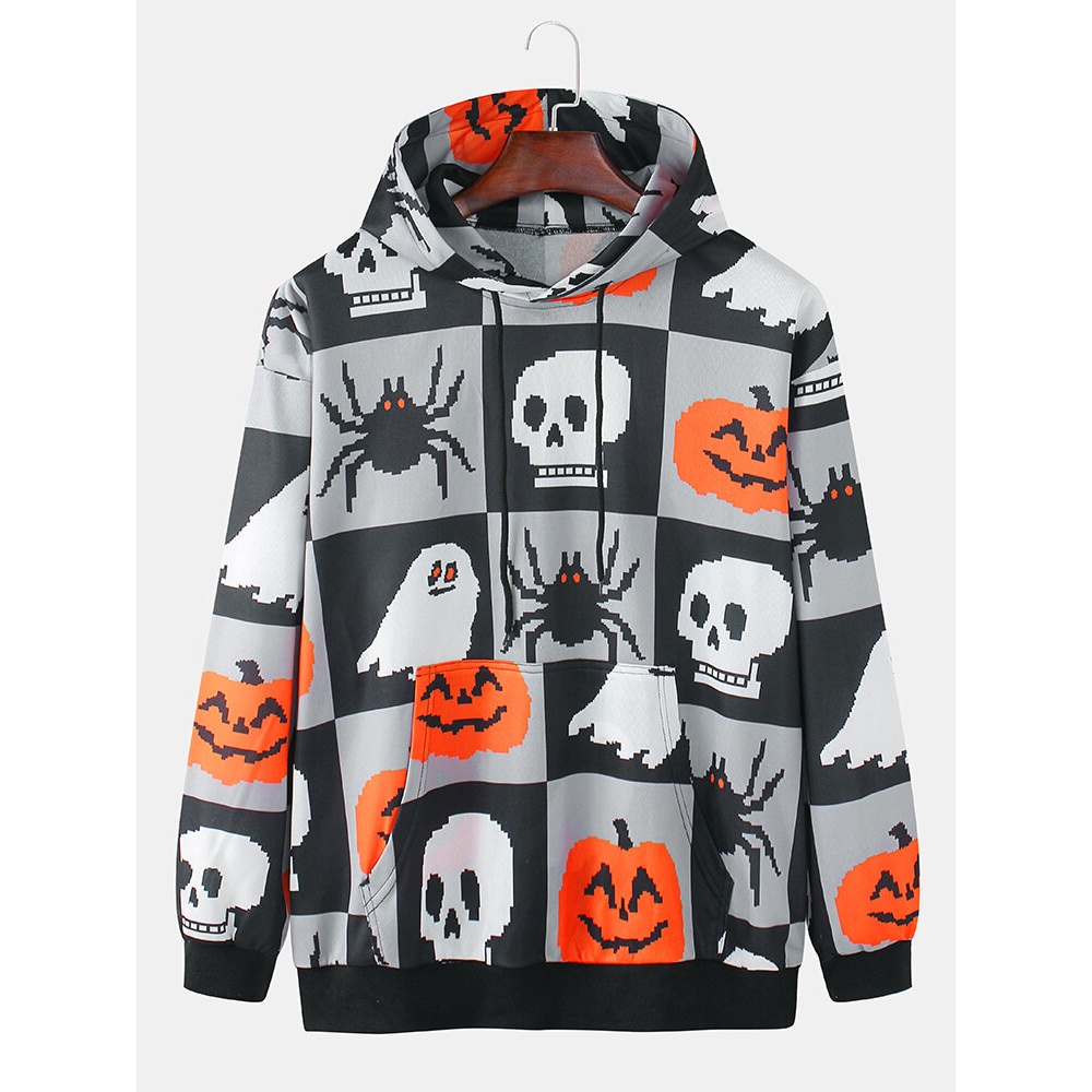 Mens  Cartoon Pumpkin Ghost Pattern Plaid Long Sleeve Kangaroo Pocket Hoodies - Black S