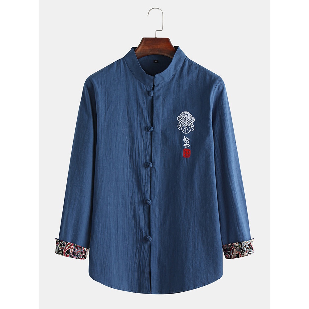 Men's New Chinese Style Embroidery Non-iron Tang Suit Retro Hanfu Long-sleeved Shirts - S Blue