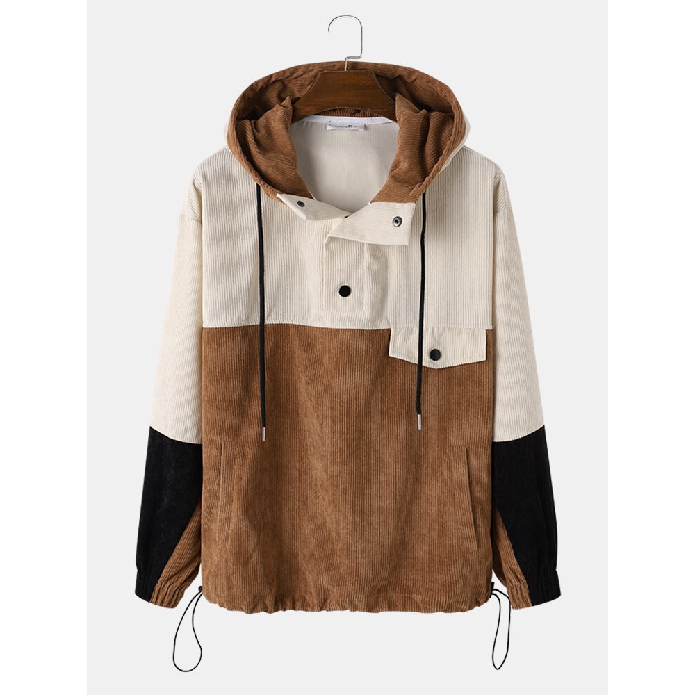 Mens Contrast Splicing Corduroy Long Sleeve Texture Hoodies - Apricot S