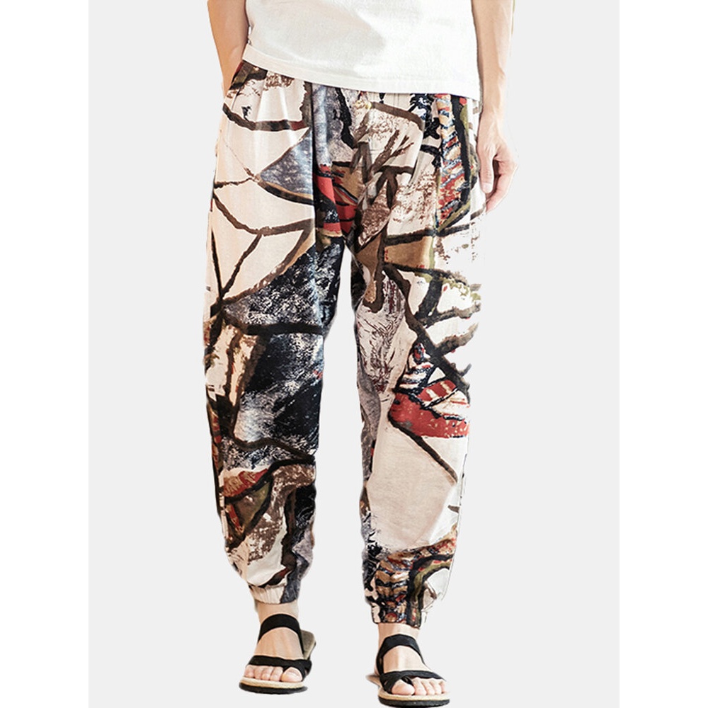 Men Cotton Ethnic Graffiti Print Oriental Harem Pants - Khaki S