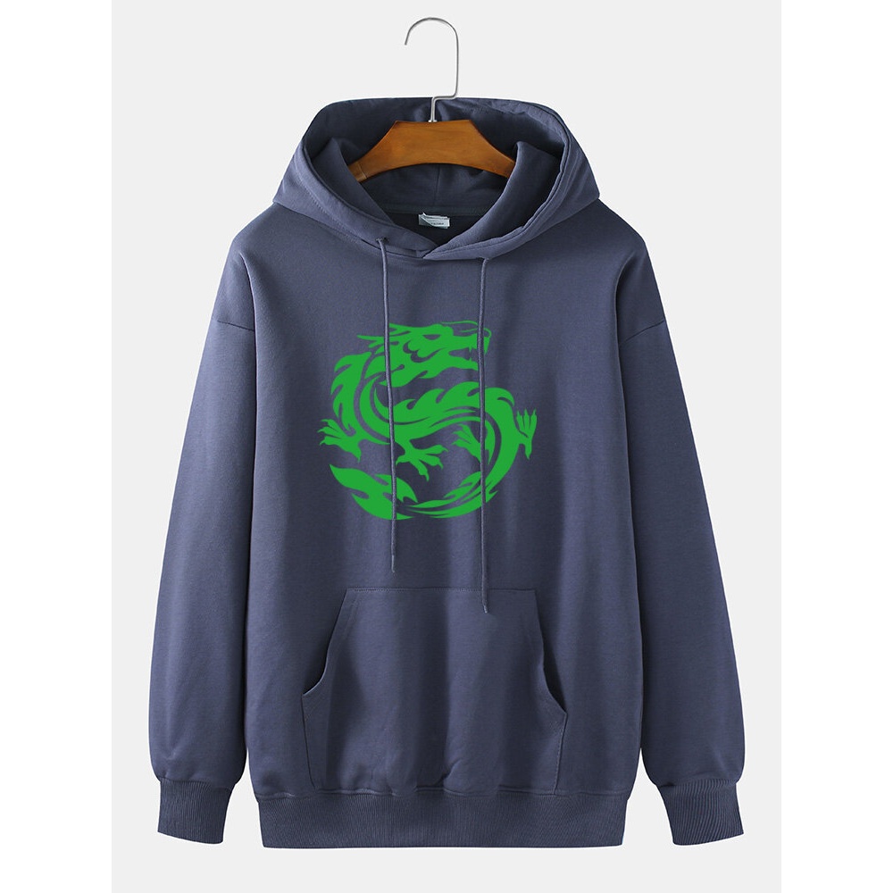 Mens 100% Cotton Dragon Print Drop Sleeve Pouch Pocket Drawstring Hoodies - Grey S