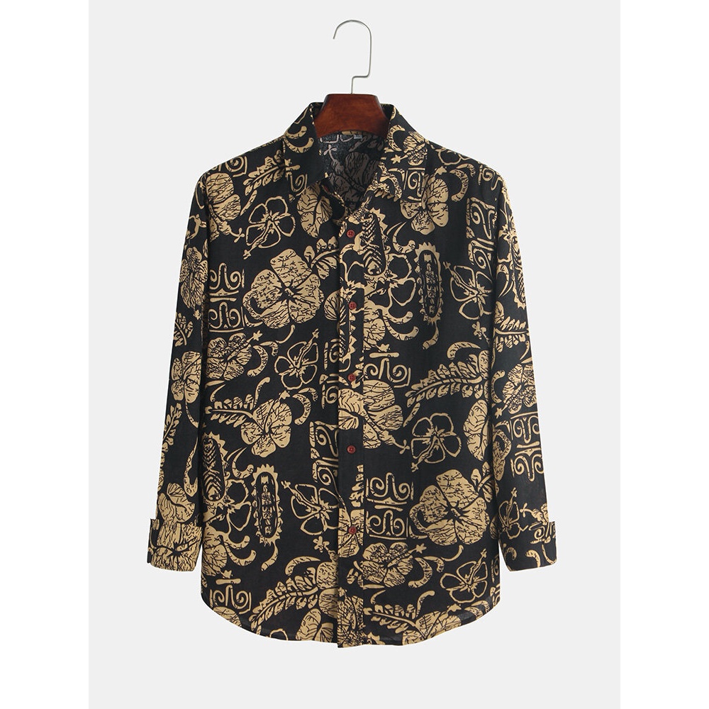 Men Floral Retro Wind Spring Turn Down Collar Long Sleeve - S #1