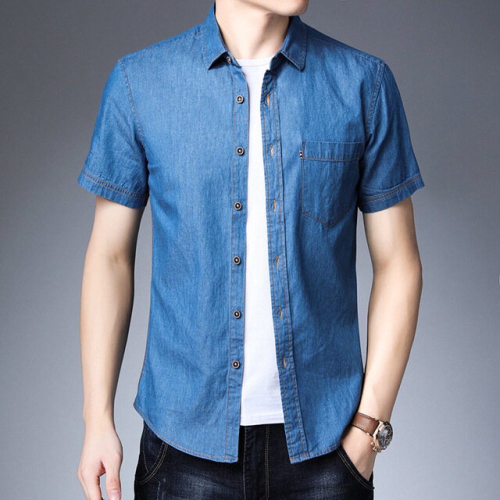 Men Short Sleeve Denim Shirt Season Lapel Loose Shirts - S Navy Blue - Image 2