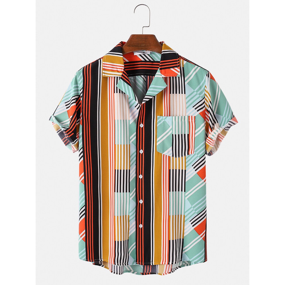 Mens Striped Color Block Patchwork Revere Collar Short Sleeve Shirts - Green S
