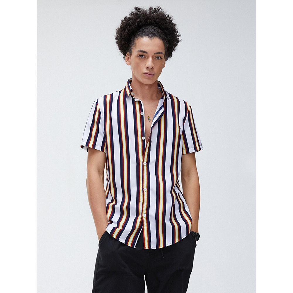 Men Casual Stripe Button Up Turn Down Collar Short Sleeve Shirts - White XL