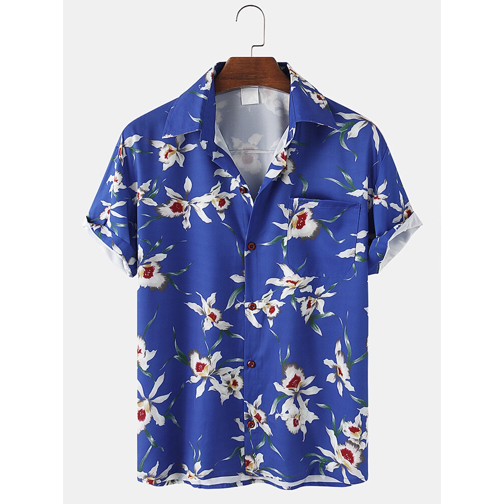Mens Floral Print Light Loose Casual Short Sleeve Shirts With Pocket - Blue L