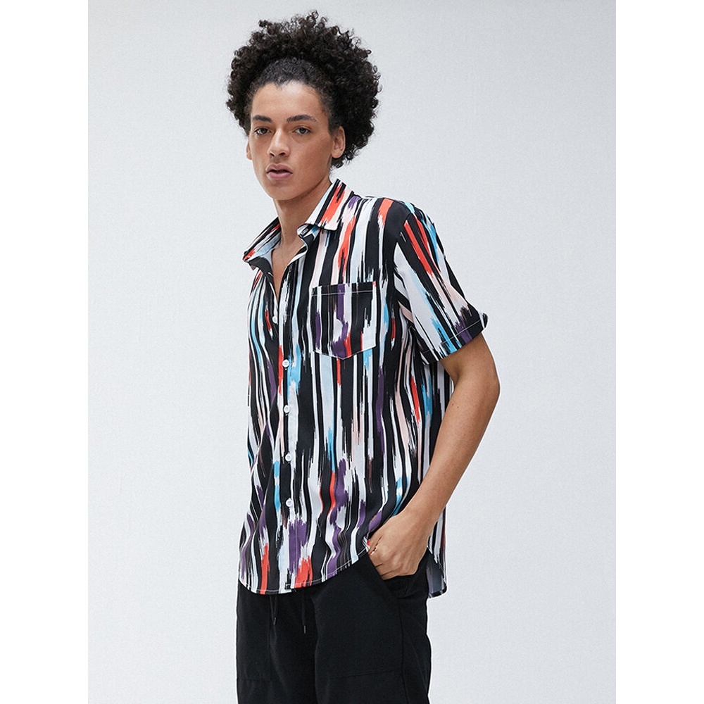Mens New Fashion Trendy Colorful Striped Short Sleeved Shirts - 2XL Red