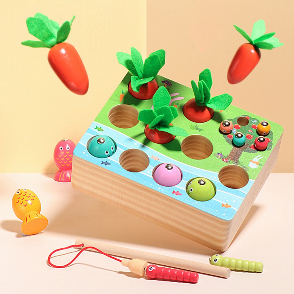 3-in-1 Catching Game Toy Radish Pulling Fishing Insect For Children Early Education Educational Wooden Toys Color pattern - Image 2