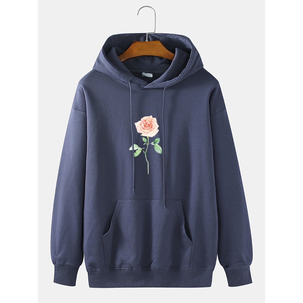Mens 100% Cotton Rose Print Drop Shoulder Long Sleeve Simple Hoodies - Pink M