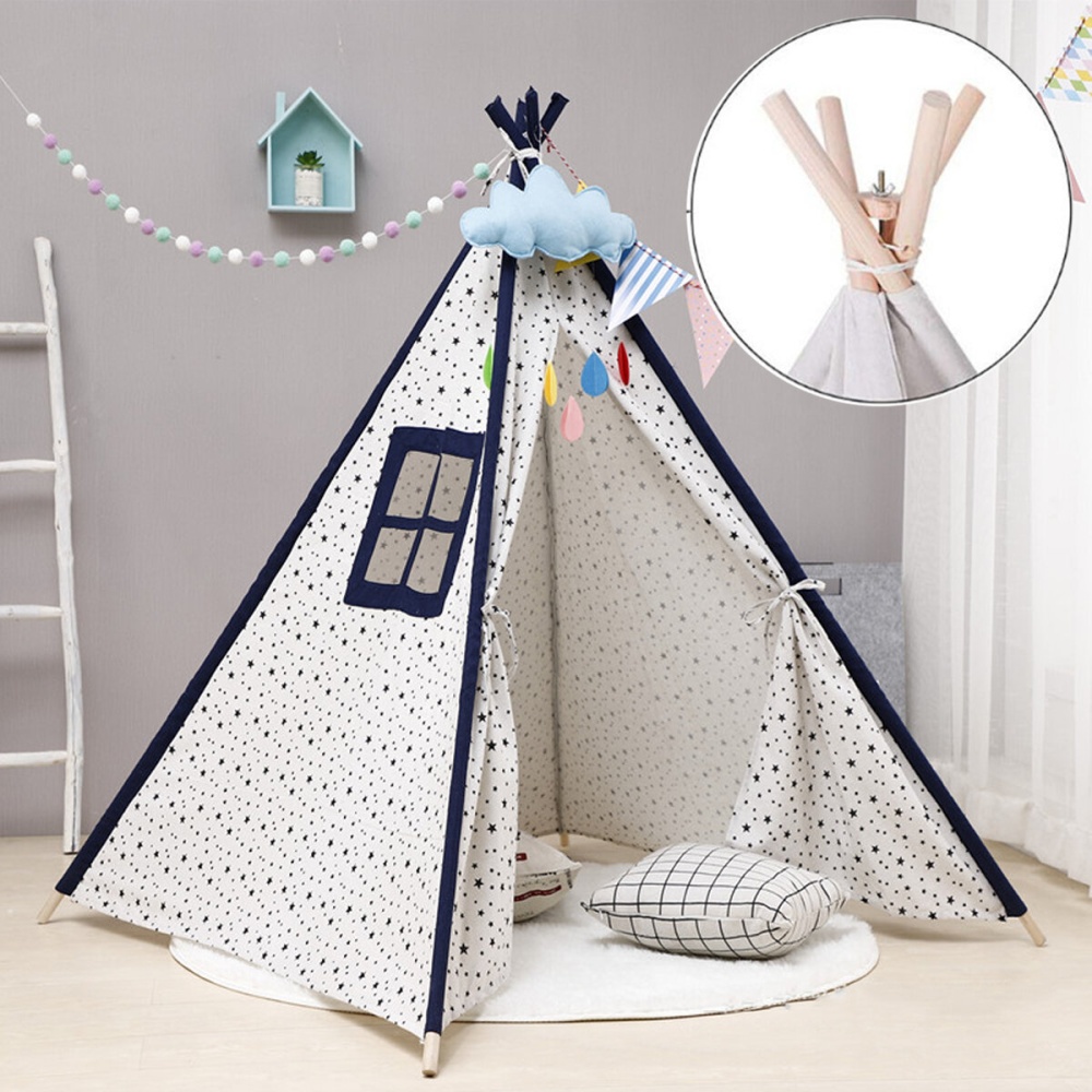 Teepee Children Playhouse Kids Play Tent Natural Cotton Canvas Gift for Boys Girls Indoor Outdoor Tent - A - Image 2