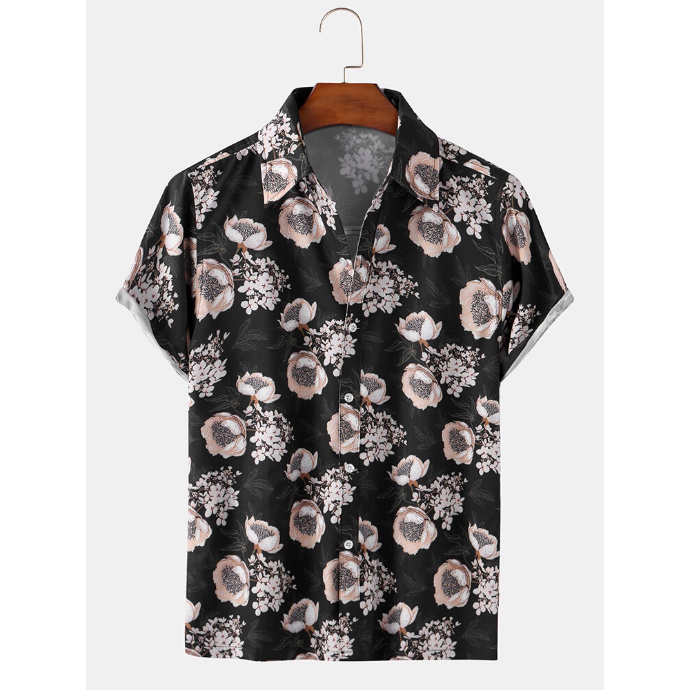 Mens Retro Vintage Floral Print Breathable & Thin Short Sleeve Shirts - Black L
