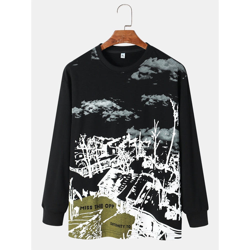 Men Landscape Pattern Letter Long Sleeve Casual Pullover Sweatshirt - White M