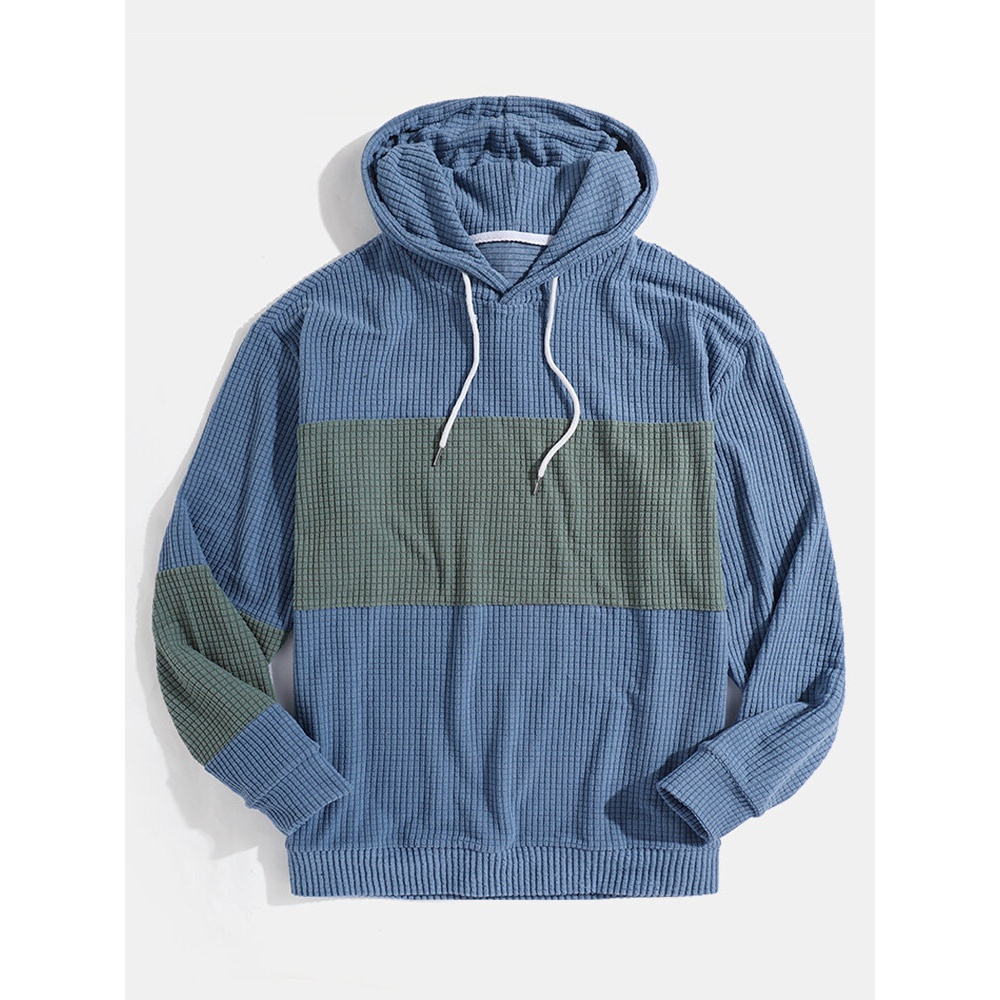Mens Patchwork Jacquard Long Sleeve Drop Shoulder Simple Hoodies - Blue S