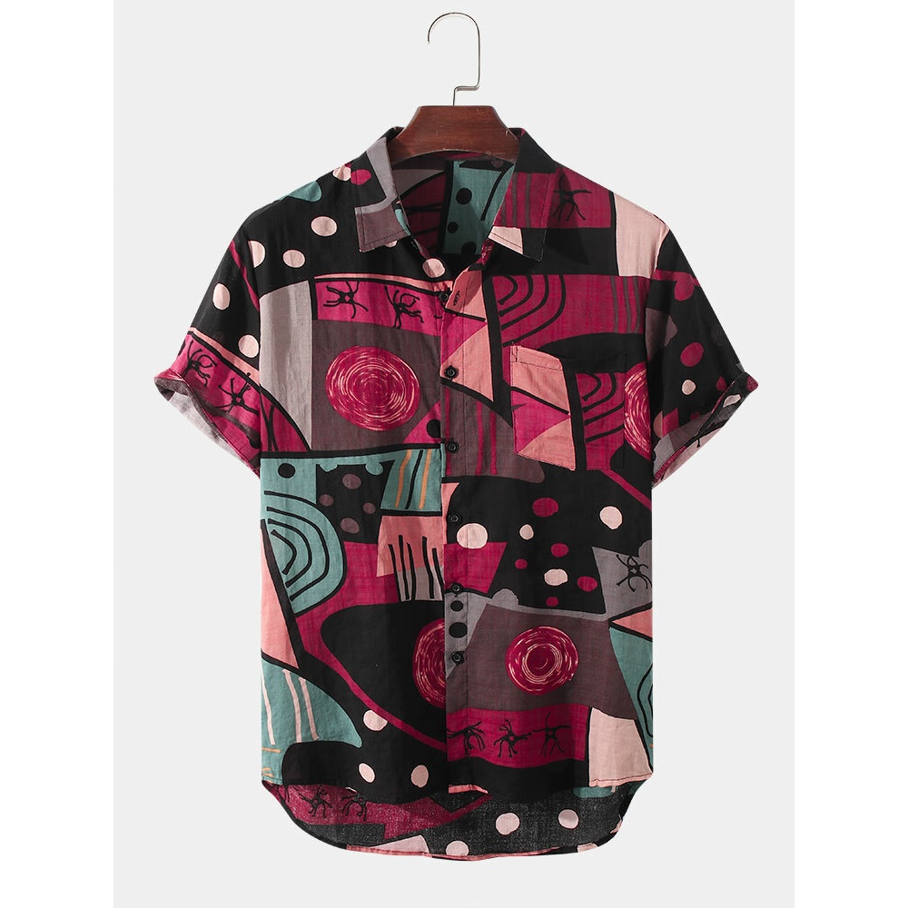 Mens Graffiti Geometry Pattern Short Sleeve Shirt With Pocket - Black L
