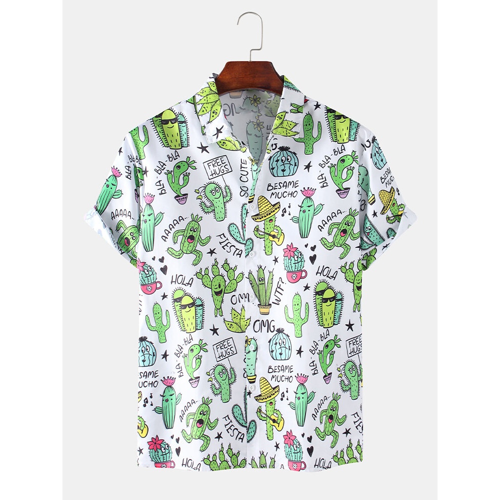 Mens Funny Cartoon Cactus Print Breathable Short Sleeve Casual Shirts - White L