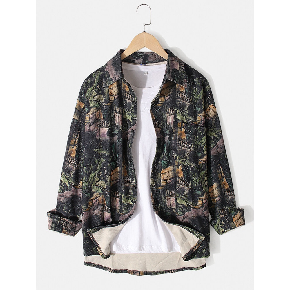 Mens Corduroy Vintage Print Lapel Button Up Long Sleeve Shirts - M #01