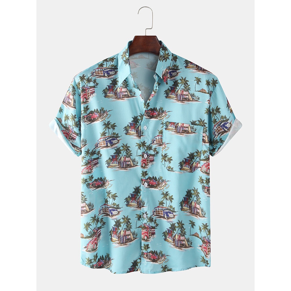 Men Fun Cartoon Car Coconut Tree Beach Print Holiday Leisure Lapel Short Sleeve Shirts - White M