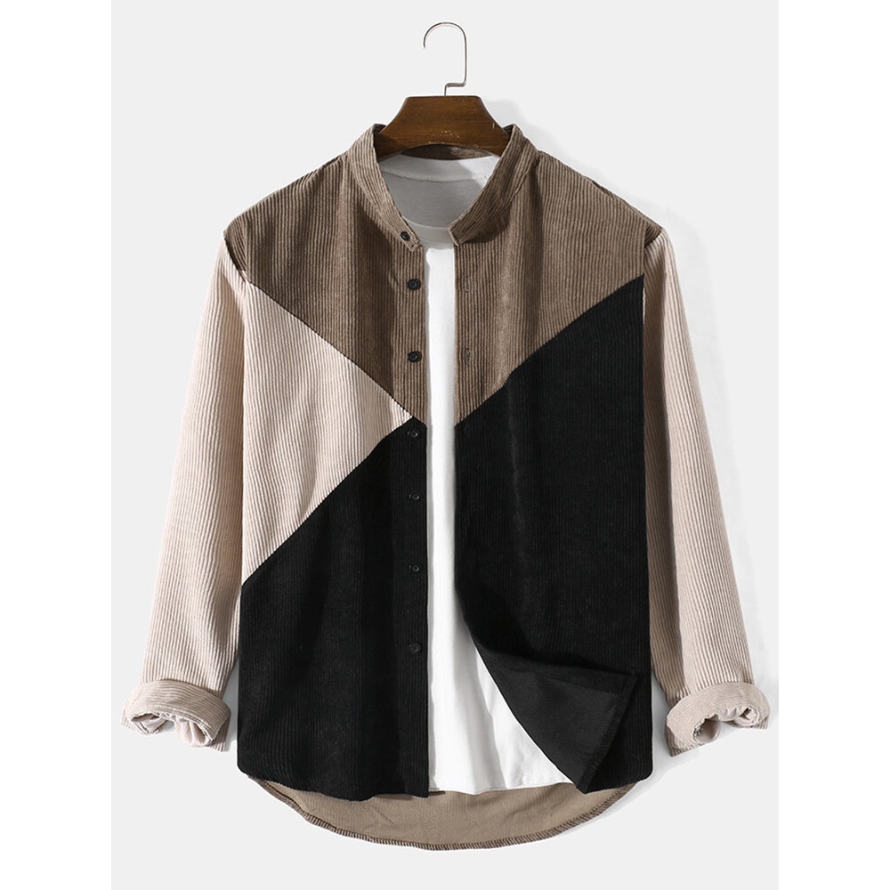 Men Corduroy Patchwork Contrast Stand Collar Casual Shirts - Khaki S
