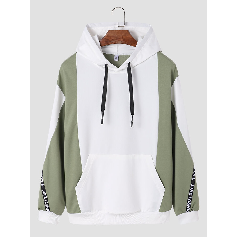 Mens Colorblock Kangaroo Pocket Drop Shoulder Casual Drawstring Hoodies - Yellow XL