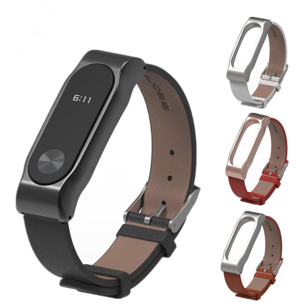 Mijobs Leather Bracelet Replacement for Xiaomi MiBand 2 Wrist Strap Smartband Non-original - Red - Image 2