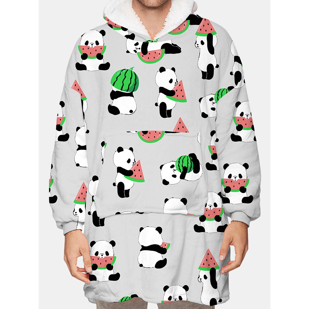 Mens Cartoon Animal Print Sherpa Lined Reversible Blanket Hoodie Warm Loungewear With Pocket - Grey One Size