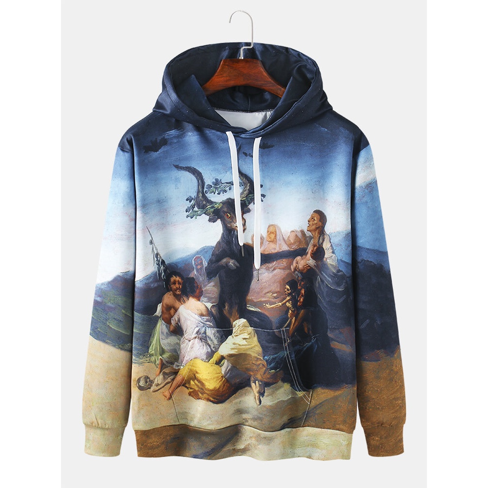 Mens Allover 3D Vintage Painting Print Loose Kangaroo Pocket Drawstring Hoodies - Navy S