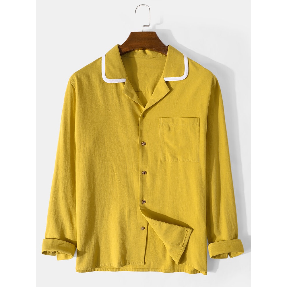 Mens 100% Cotton Contrast Revere Collar Plain Long Sleeve Shirts - Grey S