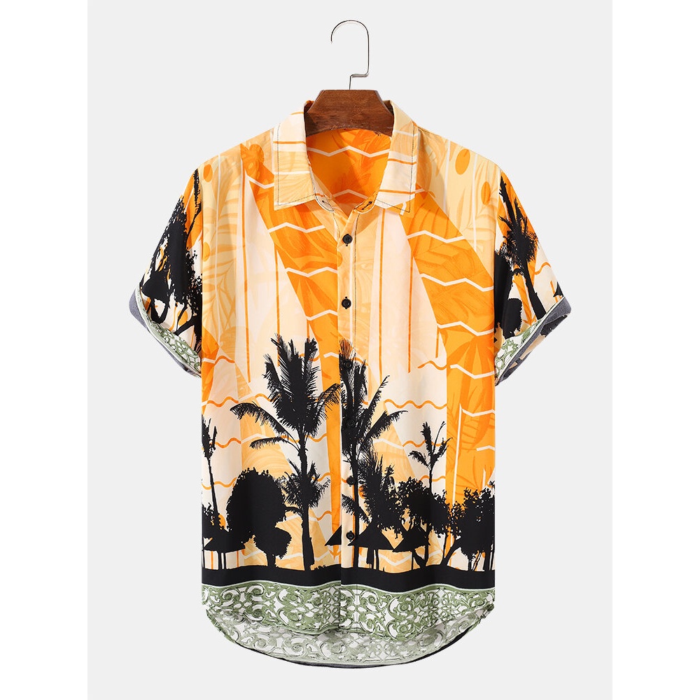 Mens Coconut Tree Print Hawaii Lapel Short Sleeve Shirt - Green S