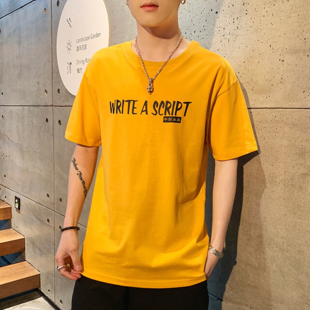 Short-sleeved T-shirt Season Men's Men's Half-sleeved Bottoming Shirt Men's Round Neck Clothes Slim Shirt Shirt - M Yellow