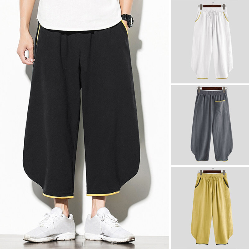 Mens Japanese Style Linen Trousers Loose Causal Beach Yoga Hippie Long Pants New - Black S