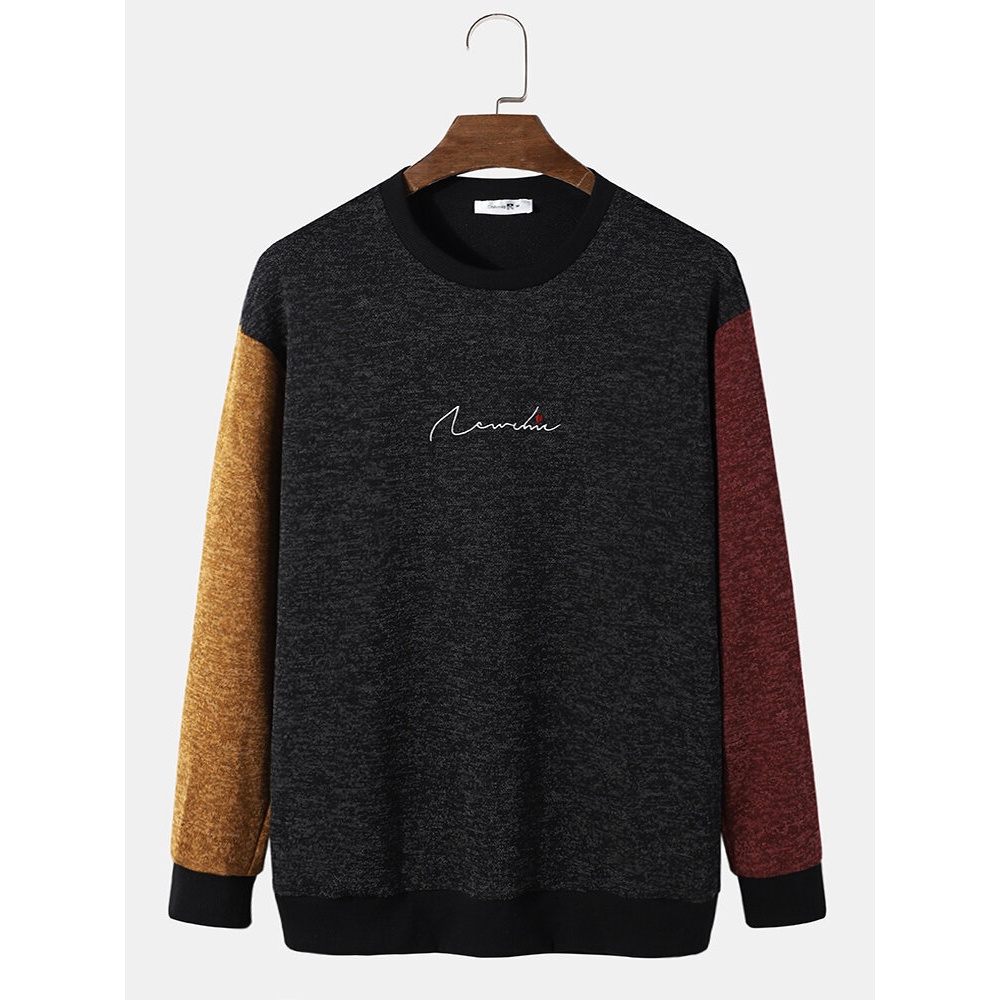 Mens Dark Color Splicing Abstract Letter Embroidery Sweatshirt - Black S