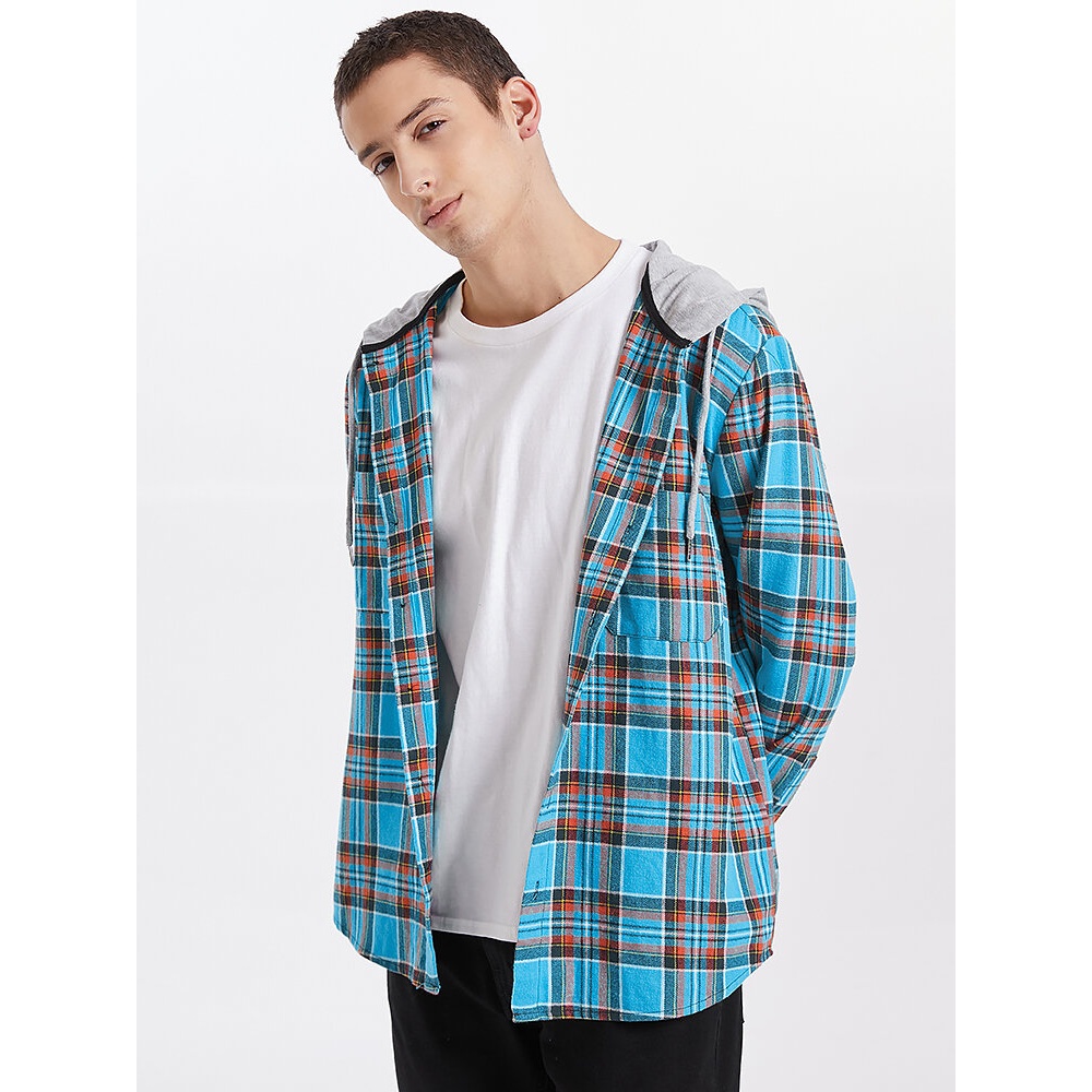 Mens Plaid Button Up 100% Cotton Casual Long Sleeve Hooded Shirts - Sky Blue S