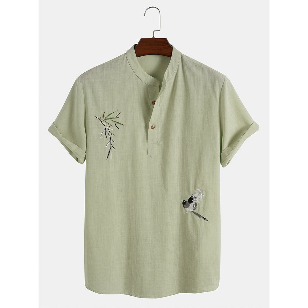 Mens Bird Tree Embroidery 100% Cotton Causal Shirts - Khaki S