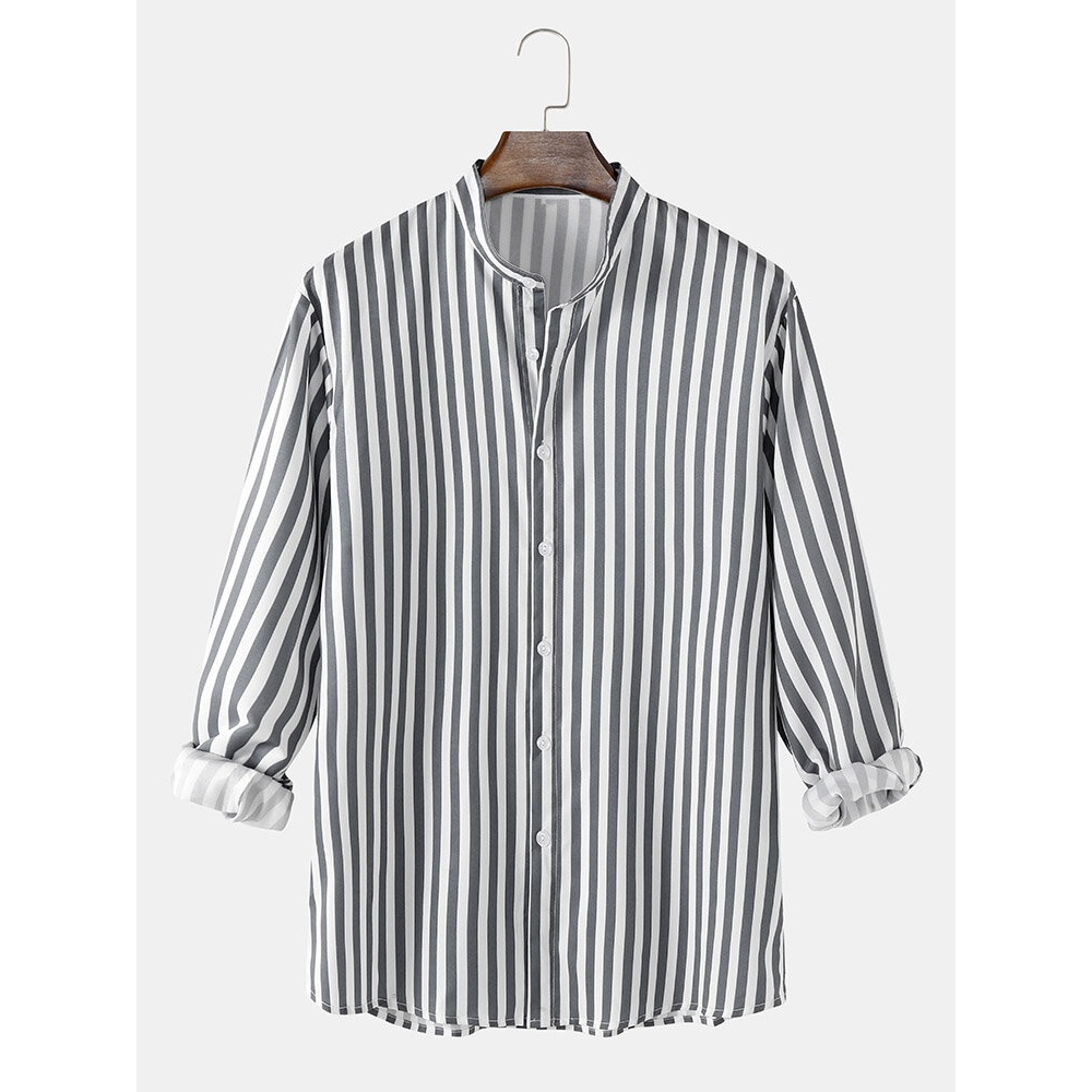 Mens Striped Light Blue Stand Collar Button Regular Hem Shirt - Light Blue L