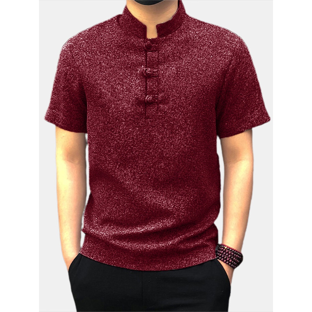 Men Casual Short Sleeve Stand Collar Chinese Style Button Shirts Kung Fu Tops Tee - S Red
