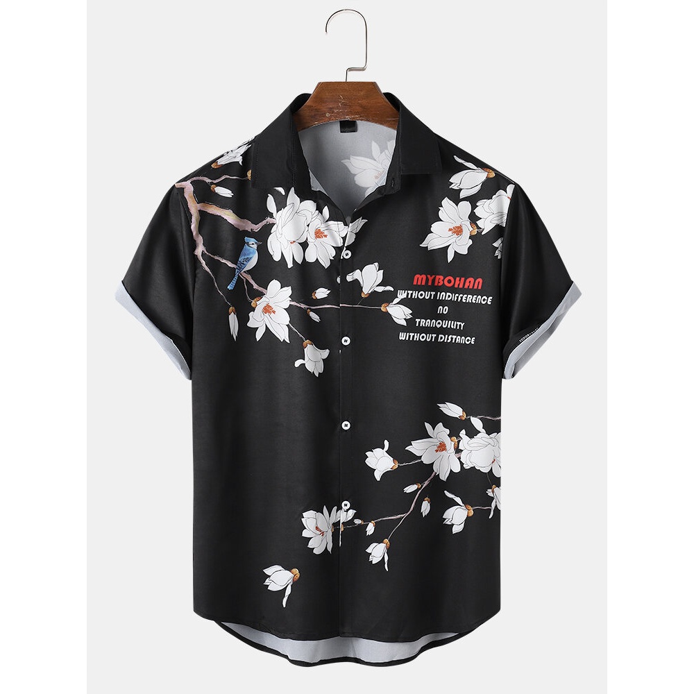 Mens Flower Print Casual Shirts - Black L