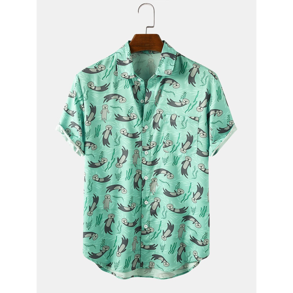 Cartoon Seal Seaweed Print Patch Pocket Short Sleeve Casual Shirts - Green 2XL