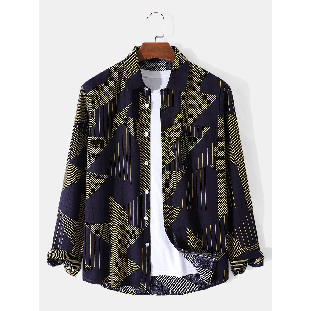 Men Irregular Geometric Print Lapel Cotton Casual Long Sleeve Shirts - Dark Blue 2XL